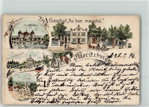 Moritzburg 1896 Vorläufer Kgl. Jagdschloß Gasthaus Au bon manche Lithographie
