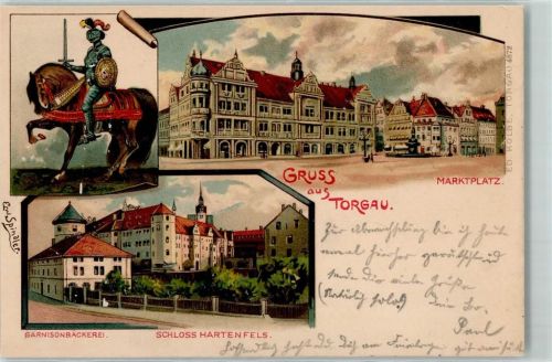 Torgau 1903 Marktplatz Ritter Pferd Schloss Hartenfels Garnisonbäckerei