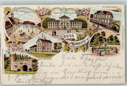 66424 W6650 Homburg , Saar 1898 Lithographie Marktplatz Rathaus Distriktskrankenhaus K. B. Bezirksamt Springbrunnen Elektr. Zentrale Karlsburg