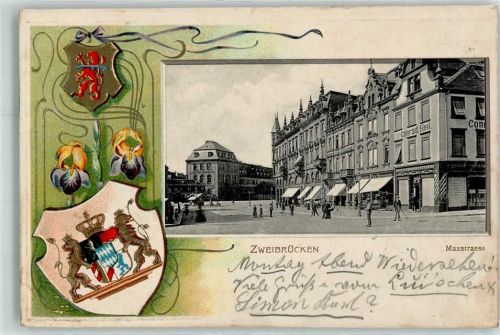 Zweibrücken 1902 Maxstraße Conditorei Conrad Heil Wappen