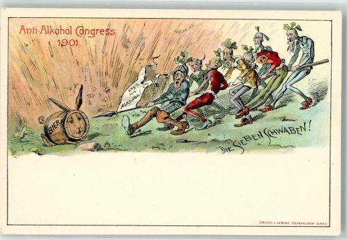 1901 Anti-Alkohol Congress Sieben Schwaben stossen mit einer großen Lanze auf ein Bierfass in Form eines Hasen ein