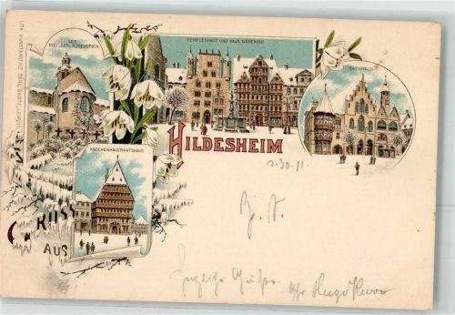 W3200 Hildesheim Tausendjähriger Rosenstock Templerhaus Haus Wedekind Rathaus Knochenhaueramtshaus Winterlitho 1896