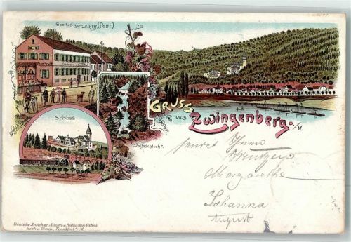 Zwingenberg 1898 Wolfsschlucht Schloß Gasthaus zum Schiff Lithographie
