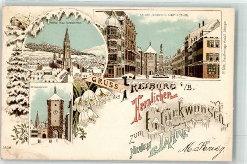 W7800 Freiburg im Breisgau Gruss aus Städteglückwunsch Neujahr Verlag Metz 3609 AK Winterlitho Lithographie / Künstlerkarte