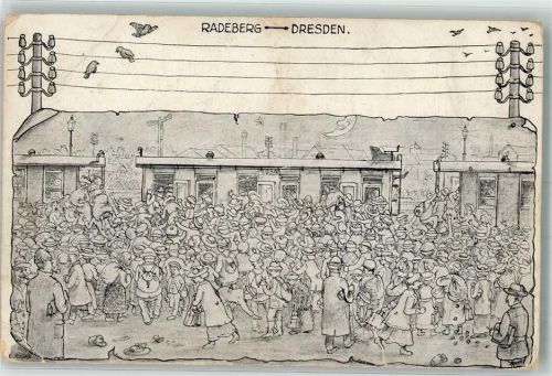 Radeberg sign Kien A. überfüllter Bahnhof Rammel-Bahnhof Zug nach Dresden