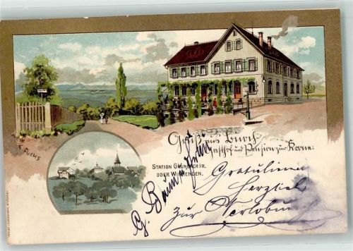 Grunbach 1899 Gruss Gasthaus Pension zur Krone sign. Fuchs