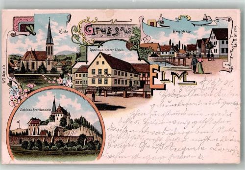 Elm 1901 Schloss Brandenstein Gasthaus zum roten Löwen Kirche Hauptstrasse Lithographie