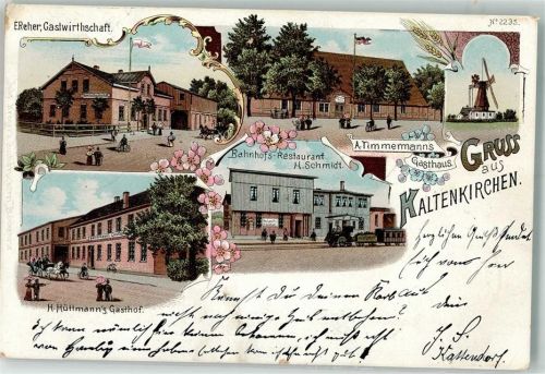 24568 W2358 Kaltenkirchen , Holst 1898 Lithographie Bahnhofs-Gasthaus Windmühle Gasthaus Reher Gasthaus Timmermann
