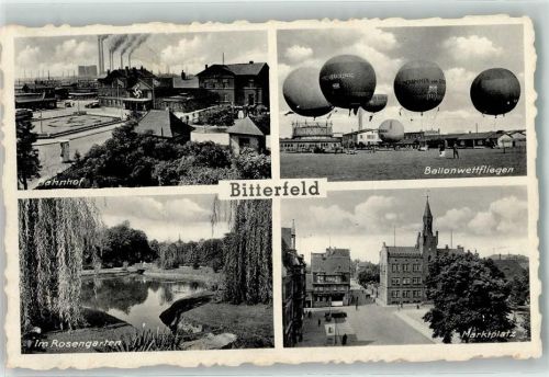 Bitterfeld WK II Bahnhof Ballon Wettfliegen Marktplatz Rosengarten See Fabrik Rauch
