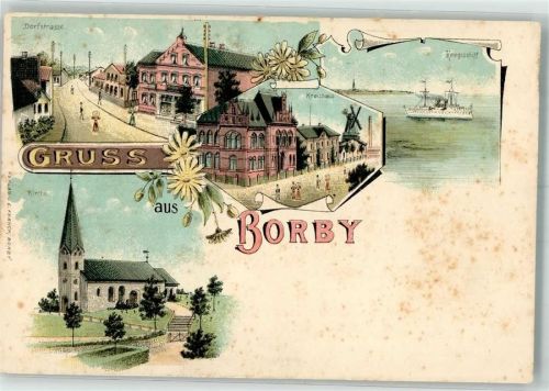 Borby Dorfstraße Kreishaus Kriegsschiff Lithographie