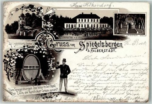 Halberstadt 1895 Vorläufer Gasthaus zu den Spiegelbergen Aussichtsturm Mausoleum Weinfaß Weingenießer