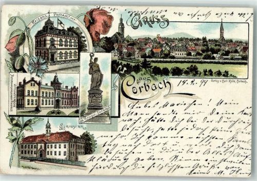Korbach 1899 Krieger-Denkmal Gymnasium Kaiserl. Postamt Lithographie beschnitten