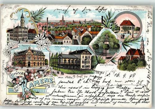 01917 O8290 Kamenz 1898 Lithographie Postamt Rathaus Hotel Hutberg Ehem Geburtshaus Lessing