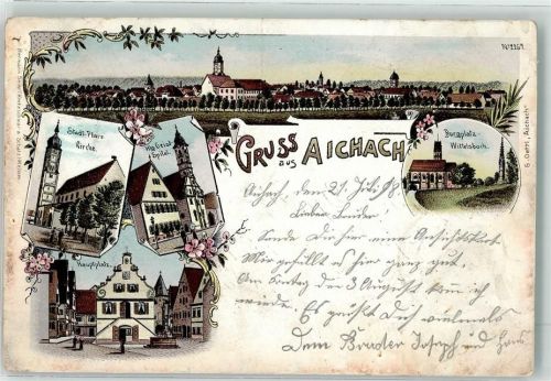 86551 W8890 Aichach a d Paar 1898 Gebrauchsspuren Stadtpfarr Kirche Hlg. Geist Spital Hauptplatz Burgplatz Wittelsbach Lithographie