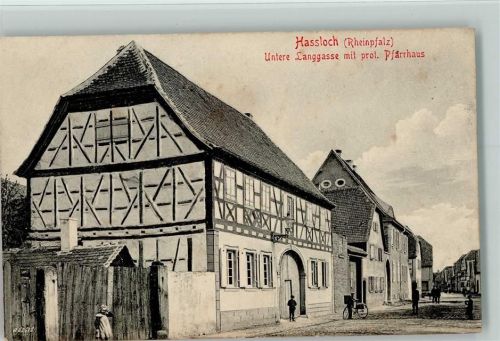 67454 W6733 Haßloch , Pfalz 1916 - Untere Langgasse, Pfarrhaus, Fahrrad AK
