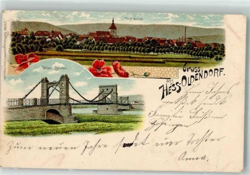 31840 W3253 Hessisch Oldendorf 1900 Lithographie Weser-Brücke Brückentor