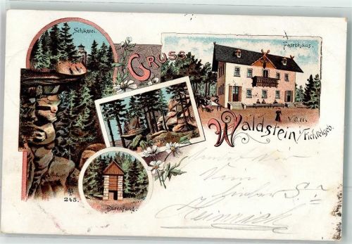 Waldstein 1898 Forsthaus Schüssel Burgruine Bärenfang Lithographie