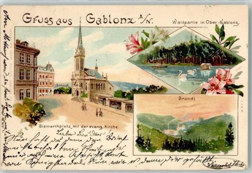 Jablonec n. Nisou 1899 Brandl Bismarckplatz mit Ev. Kirche Schwan Lithographie
