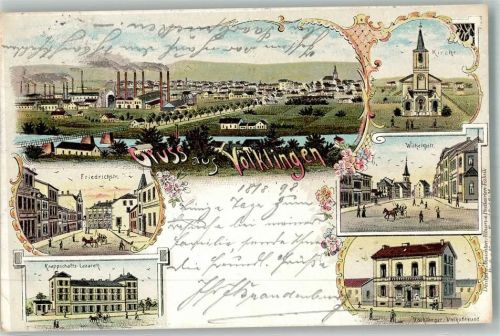 Völklingen 1898 Lithographie Wilhelmstraße Knappschafts-Lazarett Friedrichstraße