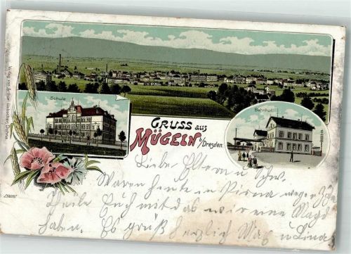 Mügeln 1907 Lithographie Schule Bahnhof