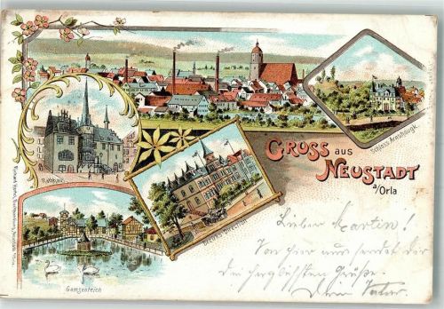 Neustadt 1898 Rathaus Bezirks-Direktion Schloß Arnshaugk Gamsenteich Schwäne