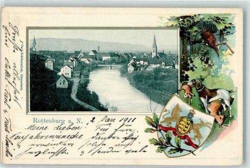 Rottenburg 1911 Wappen Jagdhund Hase Reh