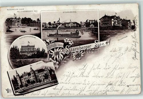 Starnberg 1896 Ruder Club Haus Raddampfer Feldafing Leoni Blumen Ruderboot Kirche Fahne