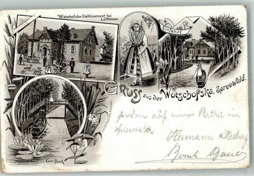 Lübbenau 1898 Gasthaus Etablissement Wotschofska Spreekahn Spreewälder Tracht Gasthausstempel