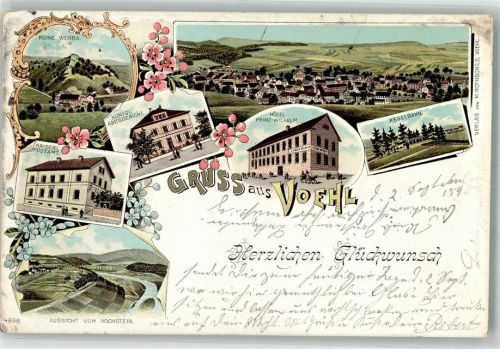 Vöhl 1898 Hotel Prinz Wilhelm Kaiserl. Postamt Kgl. Amtsgericht Lithographie