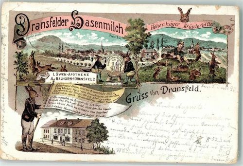Dransfeld 1897 Löwen-Apotheke Dransfelder Hasenmilch Kräuterbitter Hasen Bahnpost Hannover-Kassel Zg. 71 Lithographie