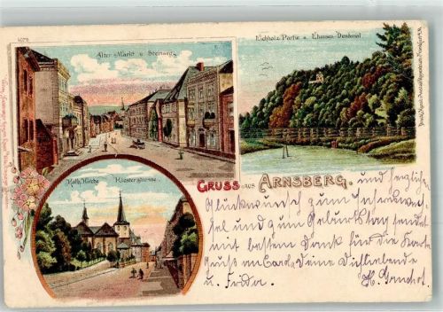 Arnsberg 1899 ater Markt u. Steinweg Ehmsen Denkmal Klostergasse Kirche