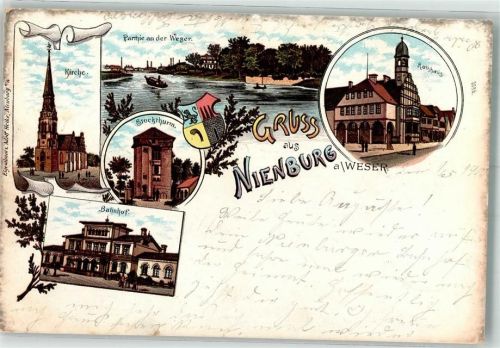 Nienburg 1900 Bahnhof Rathaus Stockturm Weser Bahnpost Hannover-Geestemünden Zg. 315