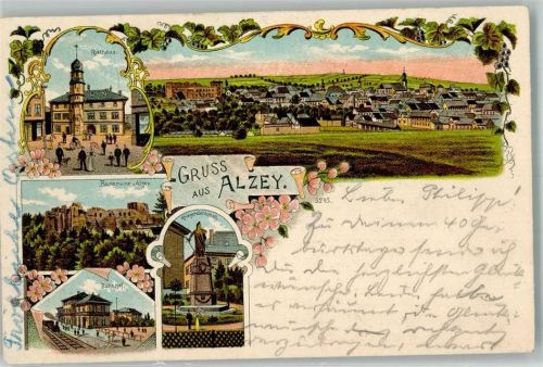 55232 W6508 Alzey 1906 Lithographie Bahnhof Kriegerdenkmal Burgruine Alzey Rathaus