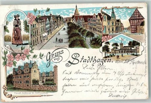 Stadthagen 1899 Lithographie Marktplatz Tracht Bahnhof Fürstl. Schloss