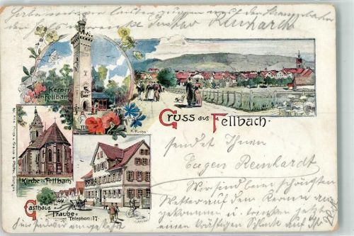 Fellbach 1897 Kernenturm Kirche Gasthaus Zur Traube sign K. Fuchs