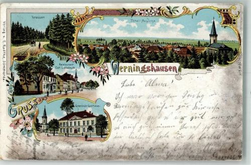 99634 O5231 Werningshausen 1904 Gebrauchsspuren Lithographie Gemeinde Gasthaus Gasthaus Carl Liebetruth