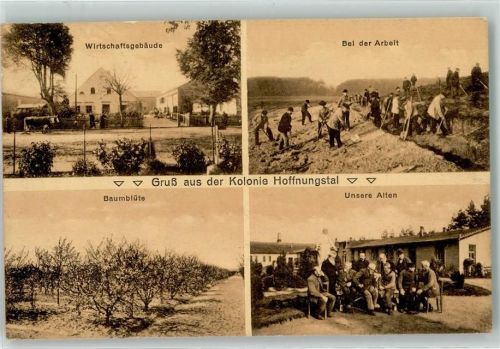 Rüdnitz 1912 Holonie Hoffnungstal Wirtschaftgebäude Arbeiter Baumblüte Senioren Ort lt. Stempel