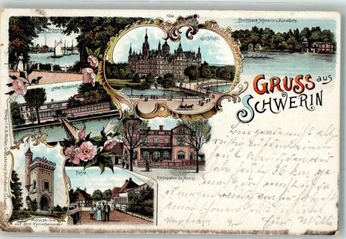 Schwerin 1899 Gasthaus zu Muess Schloss Hotel Zippendorf Aussichtsturm Fähre Bootshaus Schwerin u. Vorwärts