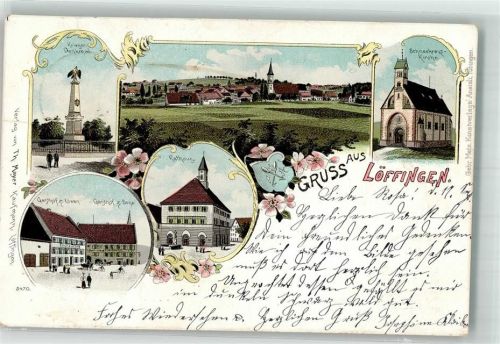 79843 W7827 Löffingen 1899 Gebrauchsspuren Lithographie Schneekreuz-Kirche Gasthaus zum Löwen Rathaus Gasthaus zur Sonne
