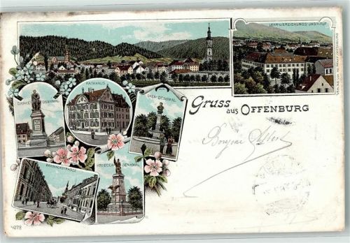 Offenburg 1898 Bahnpost Frankfurt Freiburg Zug 68 12.7.98 Drake Denkmal Rathaus Oken Denkmal Lehrer- u. Erziehungs-Institut Kriegerdenkmal Bahnhofstraße
