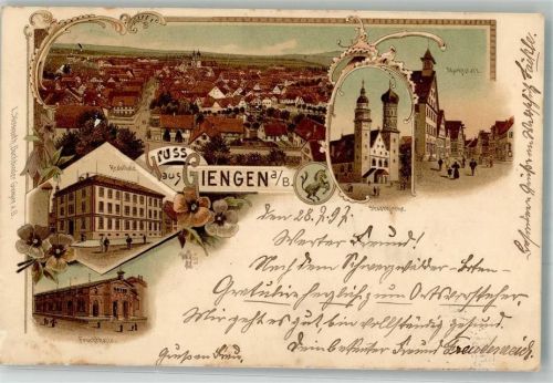 Giengen 1897 Lithographie Stadtkirche Marktplatz Fruchthalle