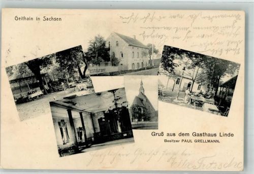 04643 O7230 Geithain 1911 - Gasthaus Linde Paul Grellmann Bahnpost Leipzig - Chemnitz Zug 2548