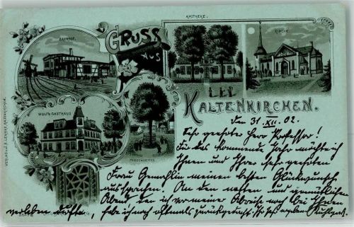 Kaltenkirchen 1902 Bahnhof Friedenseiche Apotheke Kirche Mond Gruss Blumen Windmühle Wulf´s Gasthaus