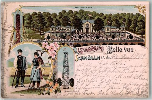 Schmölln 1901 Gasthaus Bellevue Bauernpaar Aussichtsturm Gerstehalme