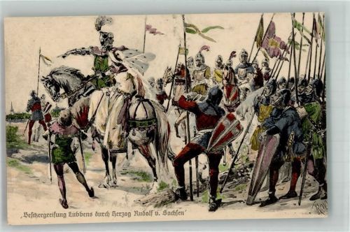 Lübben 500 Jahrfeier der Schützengilde Lübben Besitzergreifung Lübbens durch Herzog Rudolf v. Sachsen sign. R.W.