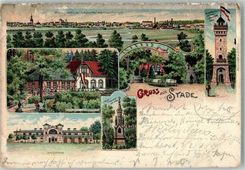 Stade 1898 Lithograpie Aussichtsturm Gasthaus zum Schwarzenberg Schützenhalle Laube