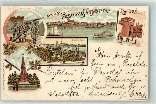 Thorn Torun 1898 Lithographie Festung Thorn Geschütz Uniform Kriegerdenkmal Eisenbahnbrücke Brückentor Dampfer