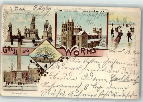 W6520 Worms Lutherdenkmal Dom Ludwigdenkmal Lutherbaum Schlittschuhe Winterlitho 1901