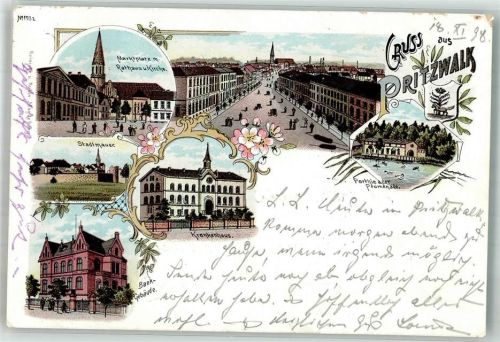 Pritzwalk 1898 Bankgebäude Stadtmauer Marktplatz Rathaus Krankenhaus Bahnpost Wismar Zug 268