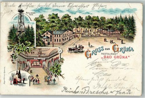 Grüna 1899 Lithographie Gasthaus Bad Grüna Maria Josepha Turm
